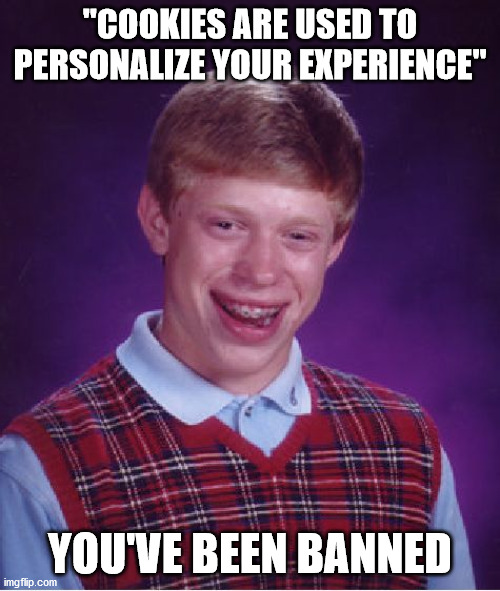 Bad Luck Cookies | "COOKIES ARE USED TO PERSONALIZE YOUR EXPERIENCE"; YOU'VE BEEN BANNED | image tagged in memes,bad luck brian,website,banned | made w/ Imgflip meme maker