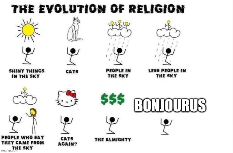 the evolution of religion | BONJOURUS | image tagged in the evolution of religion | made w/ Imgflip meme maker