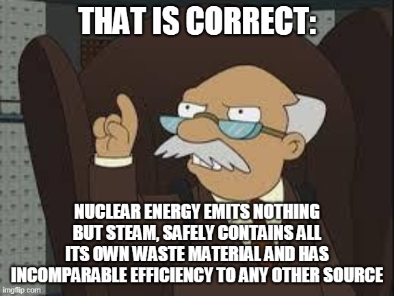 Technically Correct | THAT IS CORRECT: NUCLEAR ENERGY EMITS NOTHING BUT STEAM, SAFELY CONTAINS ALL ITS OWN WASTE MATERIAL AND HAS INCOMPARABLE EFFICIENCY TO ANY O | image tagged in technically correct | made w/ Imgflip meme maker