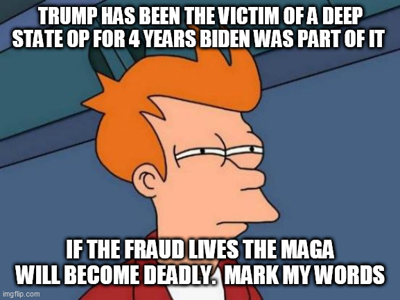 Futurama Fry Meme | TRUMP HAS BEEN THE VICTIM OF A DEEP STATE OP FOR 4 YEARS BIDEN WAS PART OF IT; IF THE FRAUD LIVES THE MAGA WILL BECOME DEADLY.  MARK MY WORDS | image tagged in memes,futurama fry | made w/ Imgflip meme maker