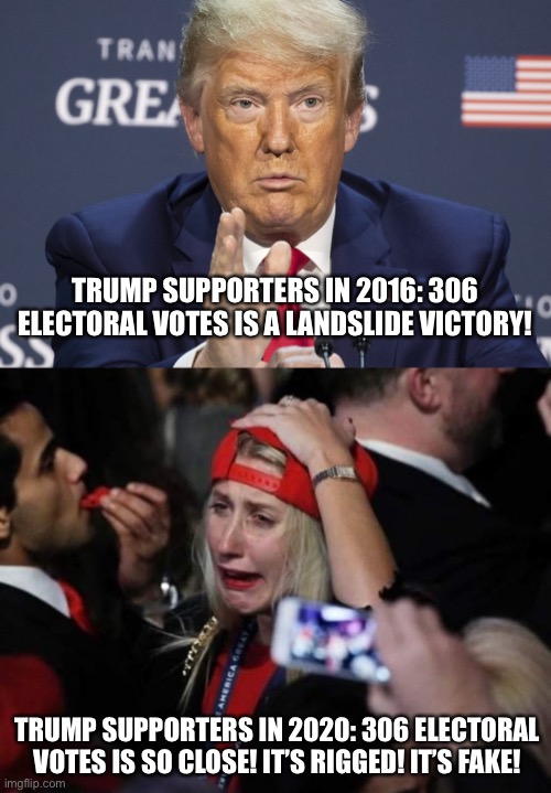 Hmmmm | TRUMP SUPPORTERS IN 2016: 306 ELECTORAL VOTES IS A LANDSLIDE VICTORY! TRUMP SUPPORTERS IN 2020: 306 ELECTORAL VOTES IS SO CLOSE! IT’S RIGGED! IT’S FAKE! | image tagged in trump,donald trump,politics,political meme,irony,politics lol | made w/ Imgflip meme maker