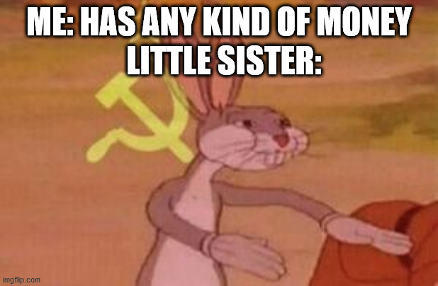 our | ME: HAS ANY KIND OF MONEY; LITTLE SISTER: | image tagged in our | made w/ Imgflip meme maker