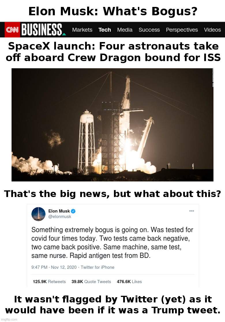 Elon Musk: What's Bogus? | image tagged in elon musk,bogus,covid,test,lockdown,forever | made w/ Imgflip meme maker