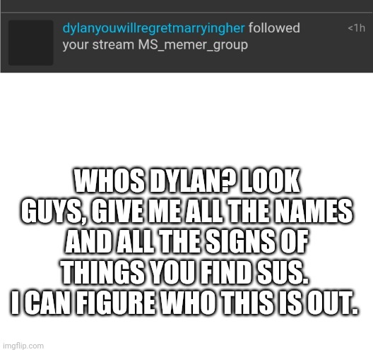 WHOS DYLAN? LOOK GUYS, GIVE ME ALL THE NAMES AND ALL THE SIGNS OF THINGS YOU FIND SUS. 
I CAN FIGURE WHO THIS IS OUT. | image tagged in blank white template | made w/ Imgflip meme maker