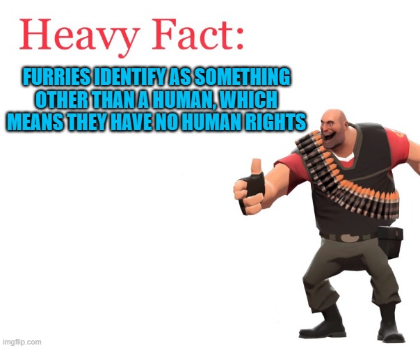 Fact of the Day | FURRIES IDENTIFY AS SOMETHING OTHER THAN A HUMAN, WHICH MEANS THEY HAVE NO HUMAN RIGHTS | image tagged in heavy fact,memes | made w/ Imgflip meme maker