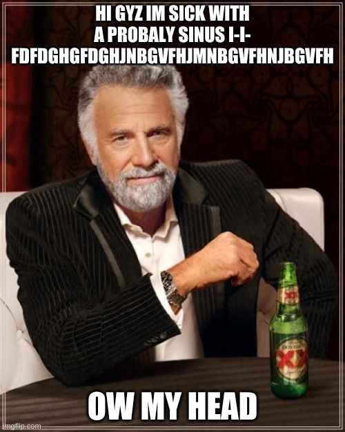 i have sinus infection | HI GYZ IM SICK WITH A PROBALY SINUS I-I-
FDFDGHGFDGHJNBGVFHJMNBGVFHNJBGVFH; OW MY HEAD | image tagged in memes,the most interesting man in the world | made w/ Imgflip meme maker