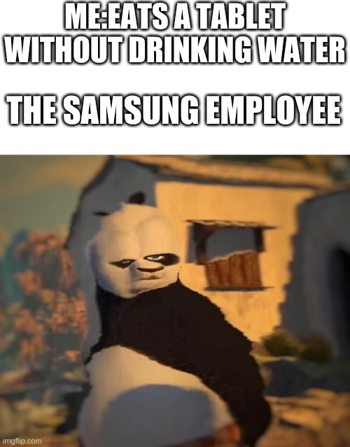 Drunk Kung Fu Panda | ME:EATS A TABLET WITHOUT DRINKING WATER; THE SAMSUNG EMPLOYEE | image tagged in drunk kung fu panda | made w/ Imgflip meme maker