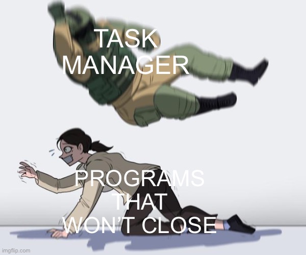 soldier falling | TASK MANAGER; PROGRAMS THAT WON’T CLOSE | image tagged in soldier falling,memes | made w/ Imgflip meme maker