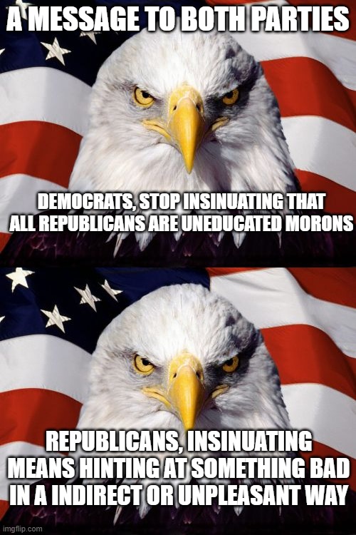 You might not get the joke | A MESSAGE TO BOTH PARTIES; DEMOCRATS, STOP INSINUATING THAT ALL REPUBLICANS ARE UNEDUCATED MORONS; REPUBLICANS, INSINUATING MEANS HINTING AT SOMETHING BAD IN A INDIRECT OR UNPLEASANT WAY | image tagged in memes,patriotic eagle | made w/ Imgflip meme maker