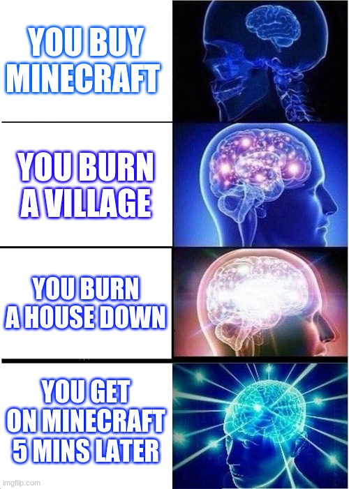 Expanding Brain | YOU BUY MINECRAFT; YOU BURN A VILLAGE; YOU BURN A HOUSE DOWN; YOU GET ON MINECRAFT 5 MINS LATER | image tagged in memes,expanding brain | made w/ Imgflip meme maker