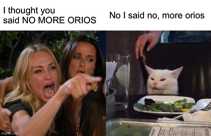Woman Yelling At Cat Meme | I thought you said NO MORE ORIOS; No I said no, more orios | image tagged in memes,woman yelling at cat | made w/ Imgflip meme maker