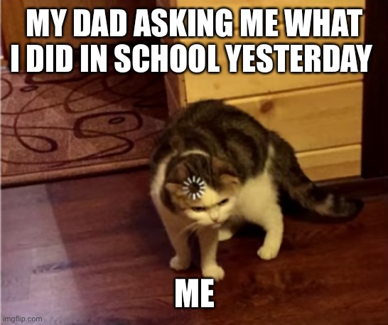 Loading Cat HD | MY DAD ASKING ME WHAT I DID IN SCHOOL YESTERDAY; ME | image tagged in loading cat hd | made w/ Imgflip meme maker