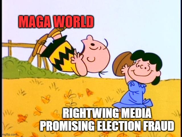 Charlie Brown football | MAGA WORLD; RIGHTWING MEDIA PROMISING ELECTION FRAUD | image tagged in charlie brown football | made w/ Imgflip meme maker