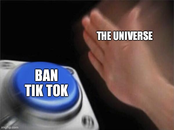 The Universe: Yay we did it | THE UNIVERSE; BAN TIK TOK | image tagged in memes,blank nut button,tiktok | made w/ Imgflip meme maker