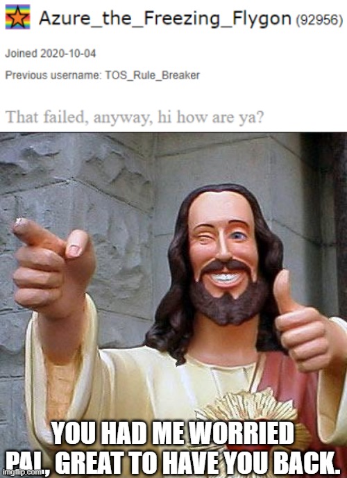 Update on the CD crisis. | YOU HAD ME WORRIED PAL, GREAT TO HAVE YOU BACK. | image tagged in buddy christ,imgflip | made w/ Imgflip meme maker