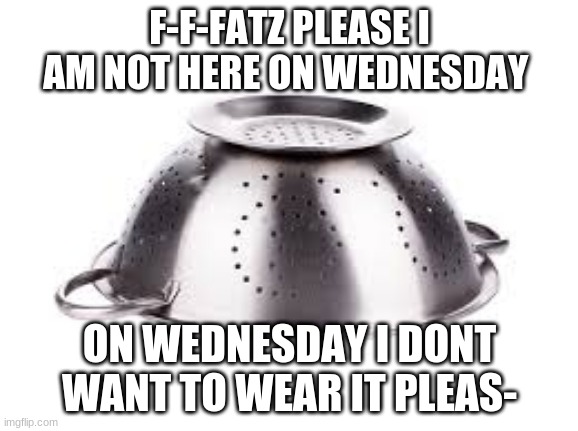 colander | F-F-FATZ PLEASE I AM NOT HERE ON WEDNESDAY; ON WEDNESDAY I DONT WANT TO WEAR IT PLEAS- | image tagged in colander | made w/ Imgflip meme maker