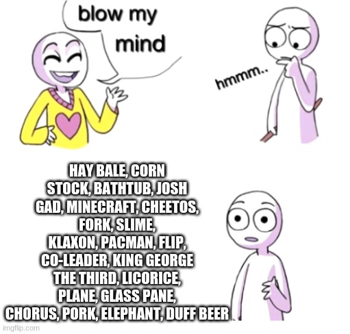 What the what | HAY BALE, CORN STOCK, BATHTUB, JOSH GAD, MINECRAFT, CHEETOS, FORK, SLIME, KLAXON, PACMAN, FLIP, CO-LEADER, KING GEORGE THE THIRD, LICORICE, PLANE, GLASS PANE, CHORUS, PORK, ELEPHANT, DUFF BEER | image tagged in blow my mind | made w/ Imgflip meme maker