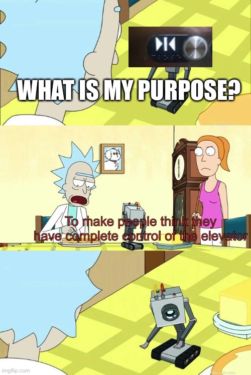 I mean come on this button is fake | WHAT IS MY PURPOSE? To make people think they have complete control of the elevator | image tagged in what's my purpose - butter robot,elevator | made w/ Imgflip meme maker