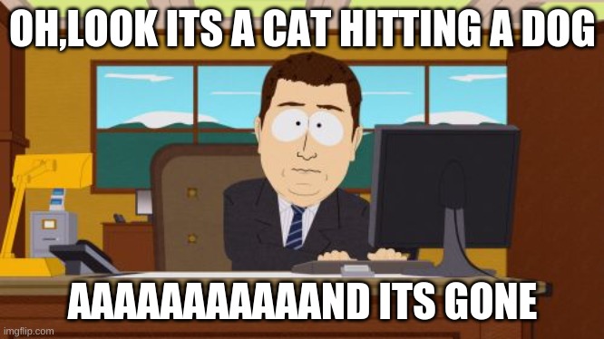Cats are abusive | OH,LOOK ITS A CAT HITTING A DOG; AAAAAAAAAAAND ITS GONE | image tagged in memes,aaaaand its gone,cats | made w/ Imgflip meme maker