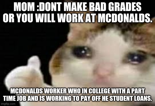 moms be like | MOM :DONT MAKE BAD GRADES OR YOU WILL WORK AT MCDONALDS. MCDONALDS WORKER WHO IN COLLEGE WITH A PART TIME JOB AND IS WORKING TO PAY OFF HE STUDENT LOANS. | image tagged in cats,dumb mom,sad cat | made w/ Imgflip meme maker