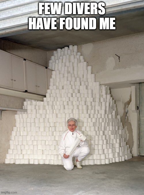 mountain of toilet paper | FEW DIVERS HAVE FOUND ME | image tagged in mountain of toilet paper | made w/ Imgflip meme maker