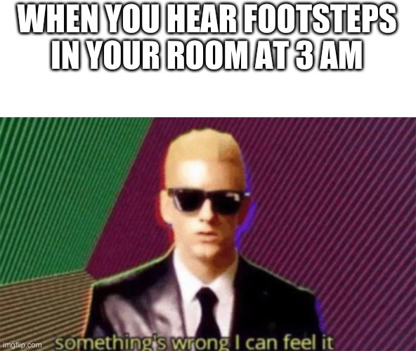 somethings wrong | WHEN YOU HEAR FOOTSTEPS IN YOUR ROOM AT 3 AM | image tagged in something's wrong i can feel it,memes | made w/ Imgflip meme maker