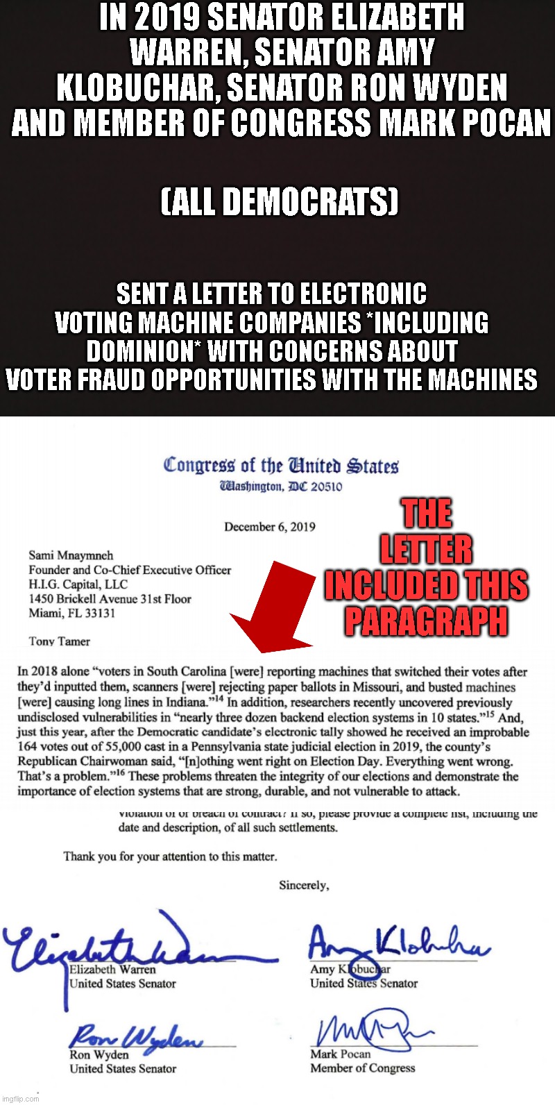 Democrat were concerned about Dominion machines and the integrity of the results... right up until the Donald said it.. |  IN 2019 SENATOR ELIZABETH WARREN, SENATOR AMY KLOBUCHAR, SENATOR RON WYDEN AND MEMBER OF CONGRESS MARK POCAN; (ALL DEMOCRATS); SENT A LETTER TO ELECTRONIC VOTING MACHINE COMPANIES *INCLUDING DOMINION* WITH CONCERNS ABOUT VOTER FRAUD OPPORTUNITIES WITH THE MACHINES; THE LETTER INCLUDED THIS PARAGRAPH | image tagged in blank template | made w/ Imgflip meme maker