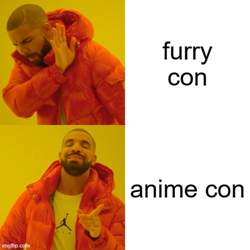 no furrys but anime bitchs only | furry con; anime con | image tagged in memes,drake hotline bling | made w/ Imgflip meme maker