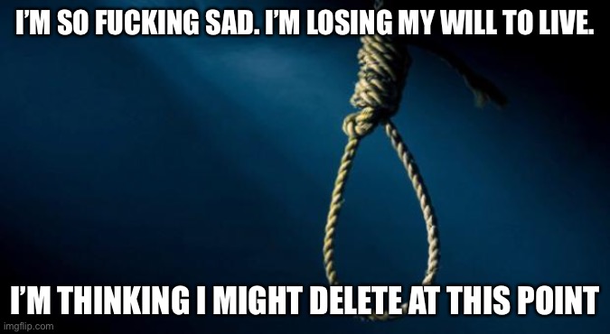 Noose | I’M SO FUCKING SAD. I’M LOSING MY WILL TO LIVE. I’M THINKING I MIGHT DELETE AT THIS POINT | image tagged in noose | made w/ Imgflip meme maker