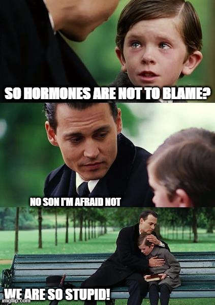 Finding Neverland | SO HORMONES ARE NOT TO BLAME? NO SON I'M AFRAID NOT; WE ARE SO STUPID! | image tagged in memes,finding neverland | made w/ Imgflip meme maker