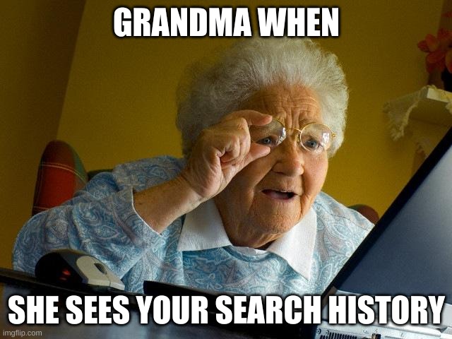 Grandma Finds The Internet |  GRANDMA WHEN; SHE SEES YOUR SEARCH HISTORY | image tagged in memes,grandma finds the internet | made w/ Imgflip meme maker