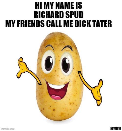 richard spud | HI MY NAME IS RICHARD SPUD
MY FRIENDS CALL ME DICK TATER; KEWLEW | image tagged in spud,richard | made w/ Imgflip meme maker