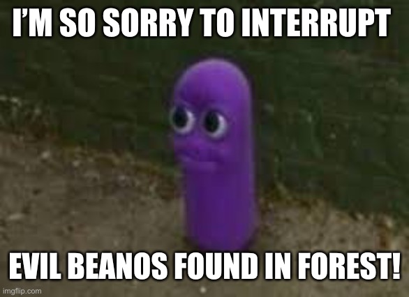 Evil beanos found in forest | I’M SO SORRY TO INTERRUPT; EVIL BEANOS FOUND IN FOREST! | image tagged in beanos | made w/ Imgflip meme maker