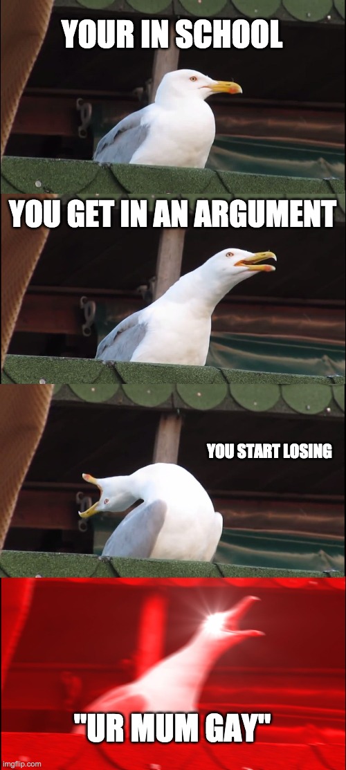 School arguments |  YOUR IN SCHOOL; YOU GET IN AN ARGUMENT; YOU START LOSING; "UR MUM GAY" | image tagged in memes,inhaling seagull | made w/ Imgflip meme maker