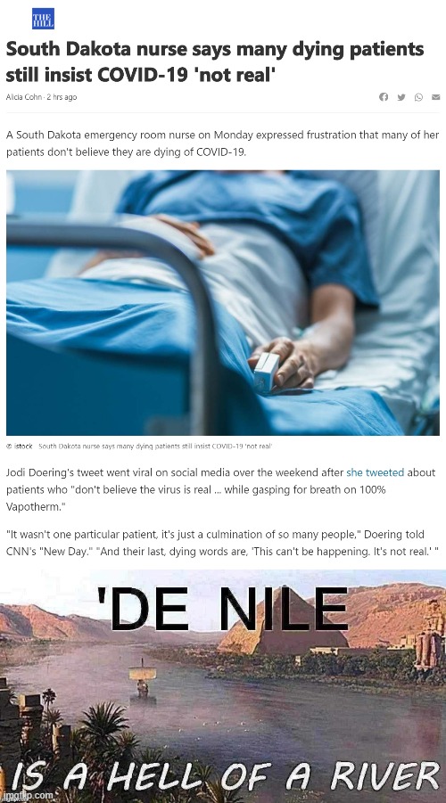 Casualties on the fake news superhighway | image tagged in dying covid-19 patients,de nile is a hell of a river sharpened jpeg degrade,covid-19,coronavirus,fake news,covidiots | made w/ Imgflip meme maker