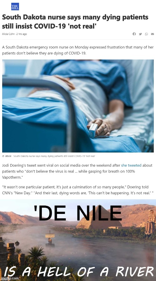 That’s one hell of a river | image tagged in dying covid-19 patients,de nile is a hell of a river,denial,covid-19,coronavirus,covidiots | made w/ Imgflip meme maker