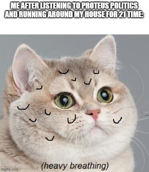 Heavy Breathing Cat Meme | ME AFTER LISTENING TO PROTEUS POLITICS AND RUNNING AROUND MY HOUSE FOR 21 TIME: | image tagged in memes,heavy breathing cat,proteus politics,tts | made w/ Imgflip meme maker