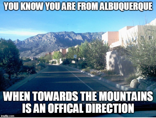 Albuquerque | YOU KNOW YOU ARE FROM ALBUQUERQUE; WHEN TOWARDS THE MOUNTAINS IS AN OFFICAL DIRECTION | image tagged in funny | made w/ Imgflip meme maker