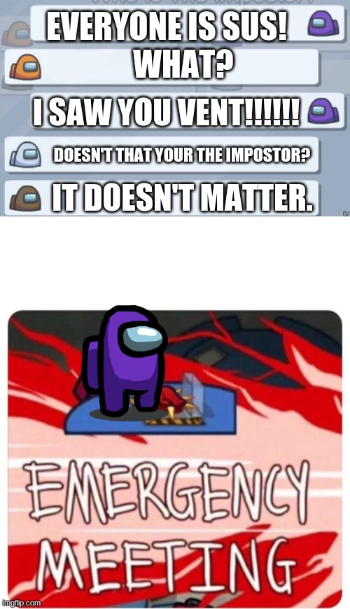purple is very weird | EVERYONE IS SUS! WHAT? I SAW YOU VENT!!!!!! DOESN'T THAT YOUR THE IMPOSTOR? IT DOESN'T MATTER. | image tagged in among us chat,emergency meeting among us | made w/ Imgflip meme maker