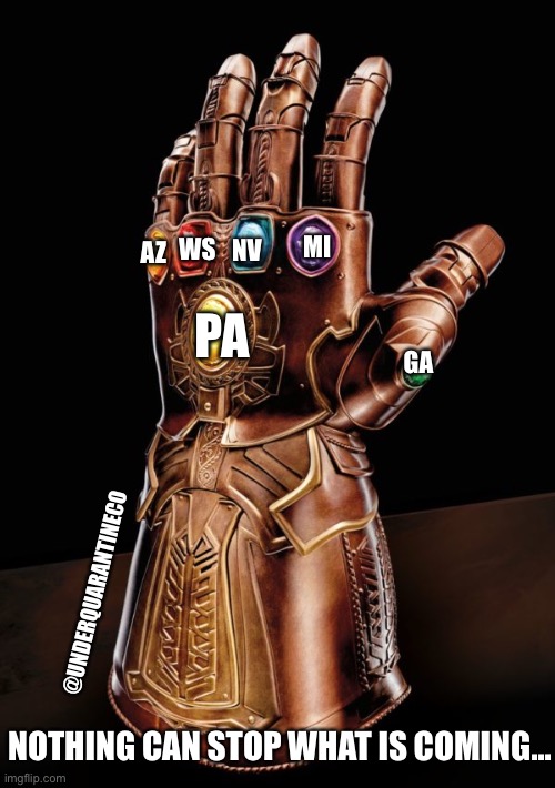 Trump 2020 Gauntlet | PA; MI; WS; NV; AZ; GA; @UNDERQUARANTINECO; NOTHING CAN STOP WHAT IS COMING... | image tagged in infinity gauntlet 6000 | made w/ Imgflip meme maker