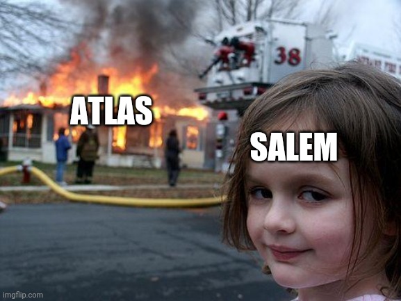 Disaster Girl | ATLAS; SALEM | image tagged in memes,disaster girl,rwby | made w/ Imgflip meme maker