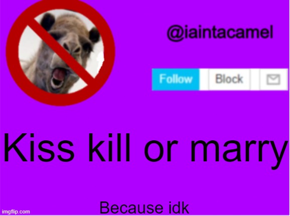 give me 3 users and blah blah blah | Kiss kill or marry; Because idk | image tagged in iaintacamel | made w/ Imgflip meme maker