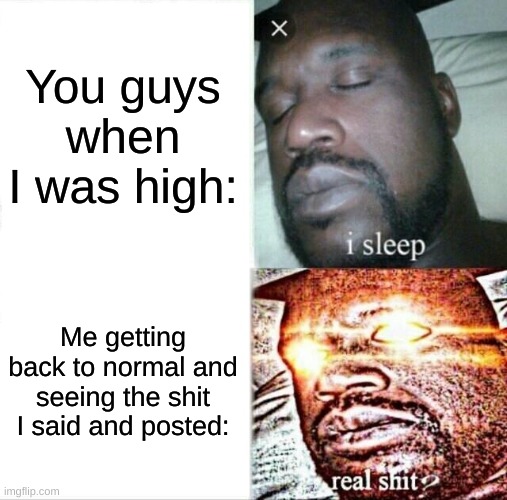 Sleeping Shaq | You guys when I was high:; Me getting back to normal and seeing the shit I said and posted: | image tagged in memes,sleeping shaq | made w/ Imgflip meme maker