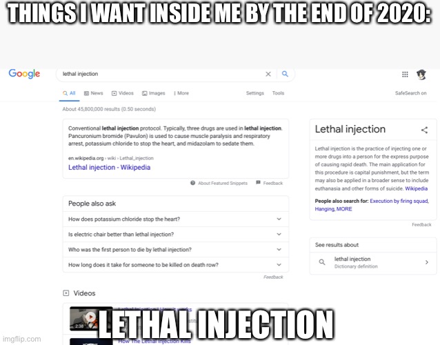 THINGS I WANT INSIDE ME BY THE END OF 2020:; LETHAL INJECTION | made w/ Imgflip meme maker