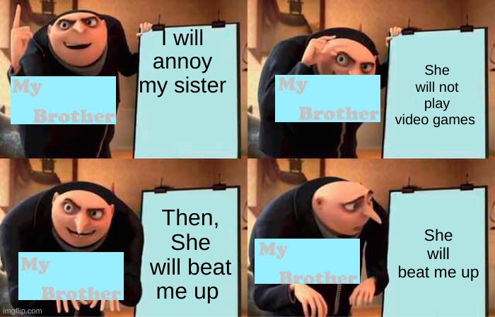 Gru's Plan Meme | I will annoy my sister; She will not play video games; Then, She will beat me up; She will beat me up | image tagged in memes,gru's plan | made w/ Imgflip meme maker