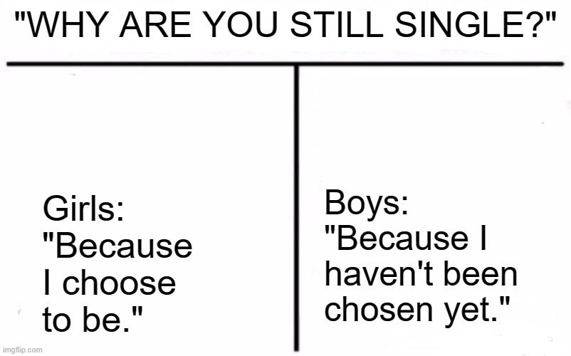 the sad reality of today's double-standard filled world |  Girls: 
"Because I choose to be."; "WHY ARE YOU STILL SINGLE?"; Boys: "Because I haven't been chosen yet." | image tagged in who would win blank,double standards,boys vs girls | made w/ Imgflip meme maker