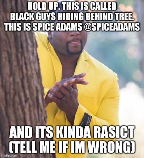 Black guy hiding behind tree | HOLD UP. THIS IS CALLED BLACK GUYS HIDING BEHIND TREE. THIS IS SPICE ADAMS @SPICEADAMS; AND ITS KINDA RASICT (TELL ME IF IM WRONG) | image tagged in black guy hiding behind tree | made w/ Imgflip meme maker