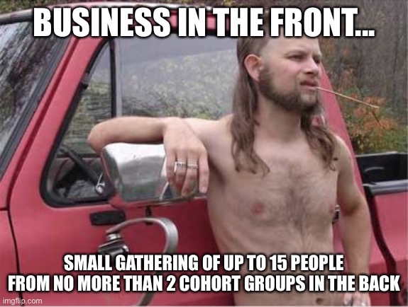 Hillbilly Mullet | BUSINESS IN THE FRONT... SMALL GATHERING OF UP TO 15 PEOPLE FROM NO MORE THAN 2 COHORT GROUPS IN THE BACK | image tagged in hillbilly mullet | made w/ Imgflip meme maker