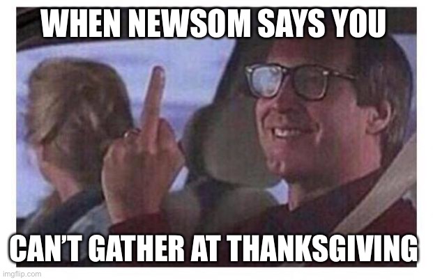 Ca Thanksgiving 2020 | WHEN NEWSOM SAYS YOU; CAN’T GATHER AT THANKSGIVING | image tagged in christmas vacation | made w/ Imgflip meme maker