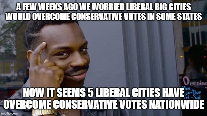 Roll Safe Think About It Meme | A FEW WEEKS AGO WE WORRIED LIBERAL BIG CITIES WOULD OVERCOME CONSERVATIVE VOTES IN SOME STATES; NOW IT SEEMS 5 LIBERAL CITIES HAVE OVERCOME CONSERVATIVE VOTES NATIONWIDE | image tagged in memes,roll safe think about it | made w/ Imgflip meme maker